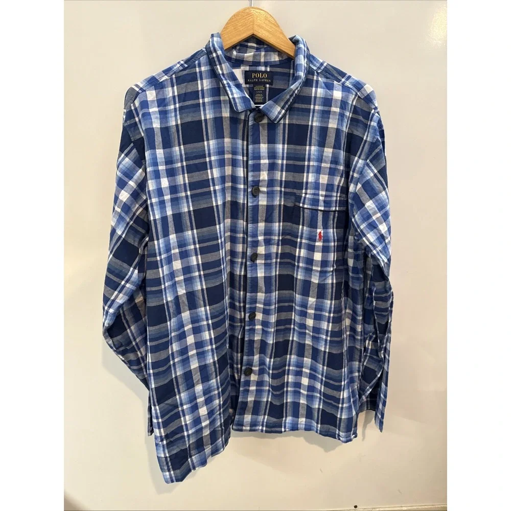 Polo Ralph Lauren Shirt Mens Medium Blue Plaid Long Sleeve Sleepwear Button Up